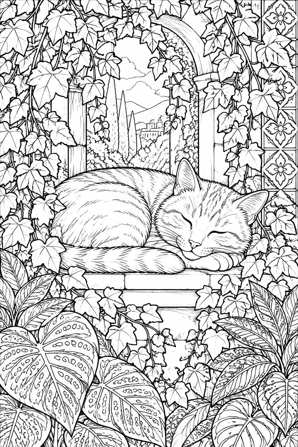 Sleeping cat curled on ivy-covered ledge before arched window with landscape view