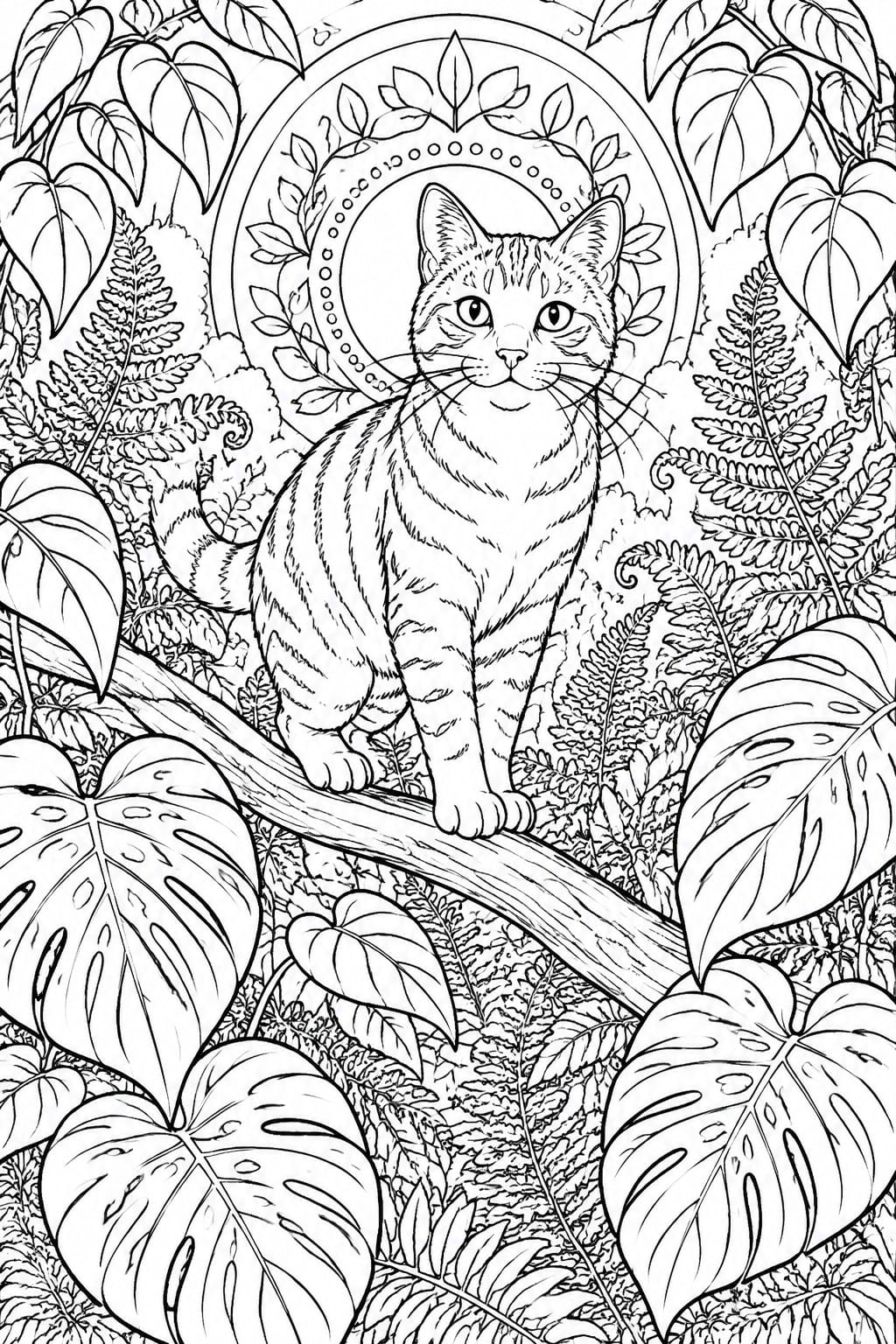 Striped cat perched on branch amid dense tropical leaves with circular mandala behind