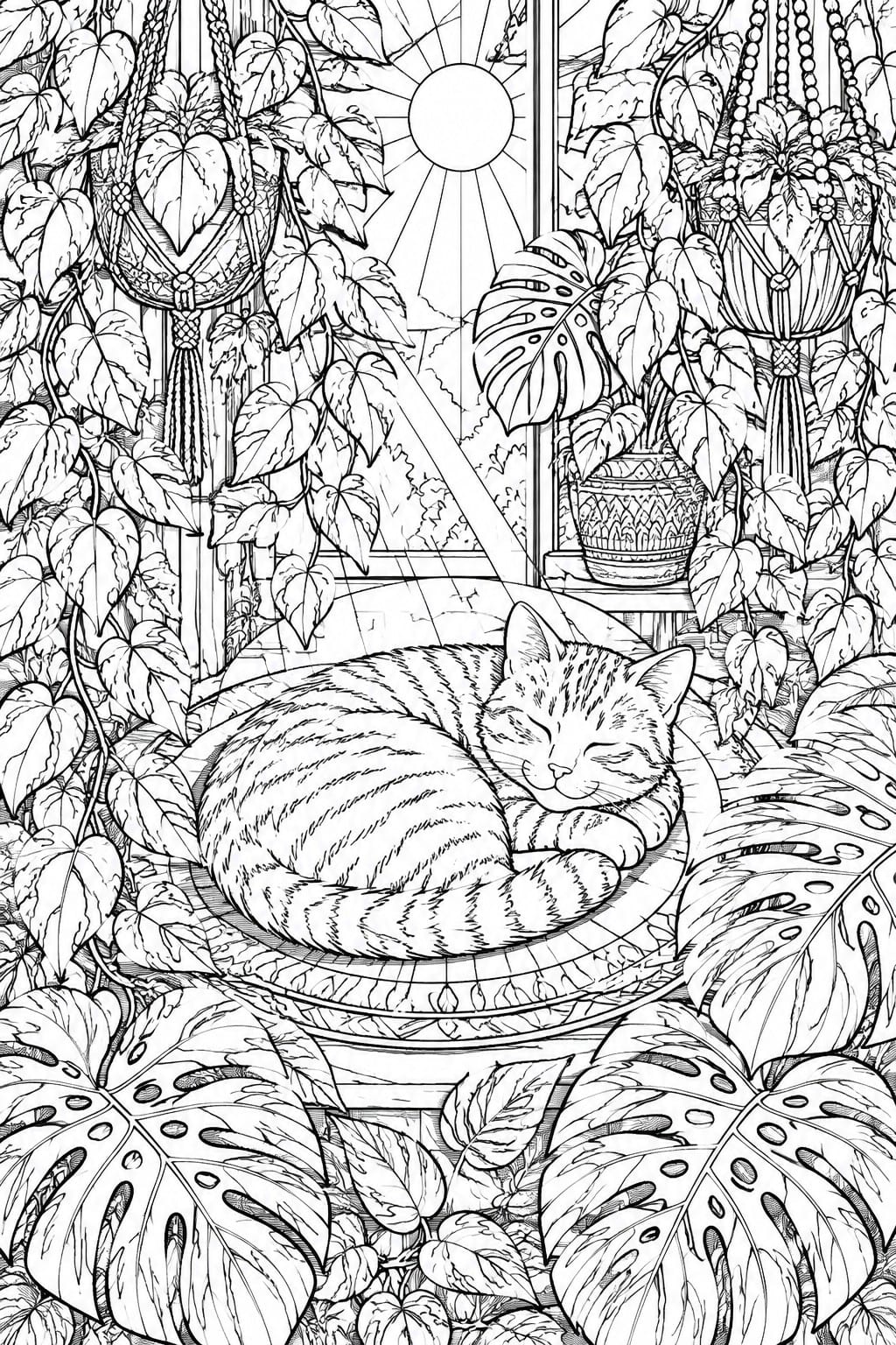 Sleeping tabby cat curled in basket amid hanging plants by sunny window