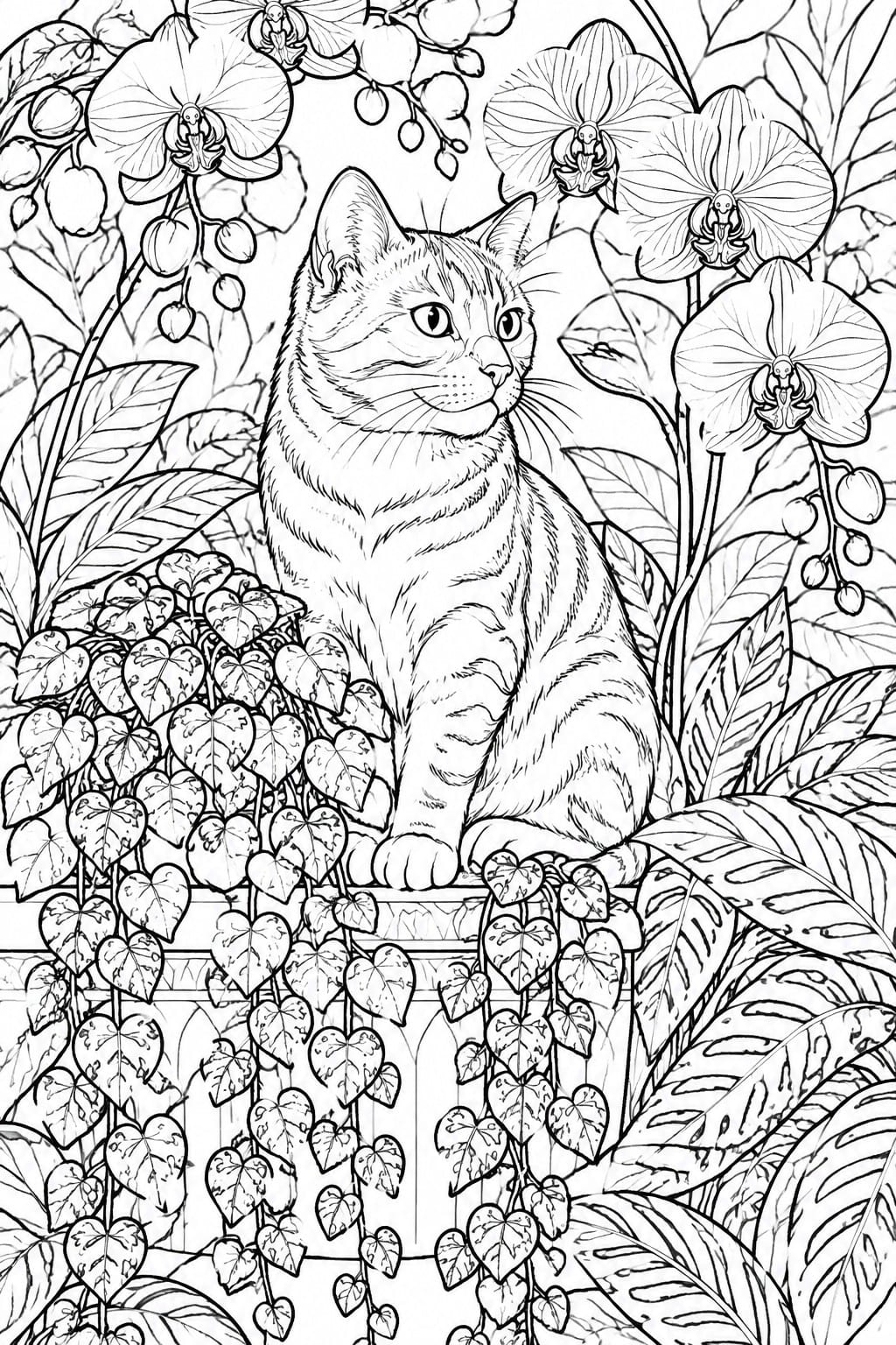 A black and white line drawing of a cat sitting upright among orchids and heart-shaped hanging vines.