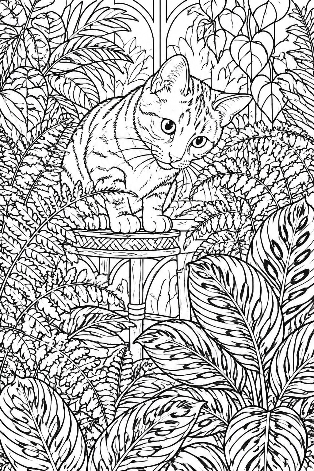 Cat sitting on stool amid dense ferns and leafy plants in line art