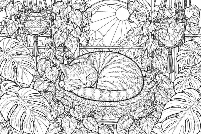 Sleeping tabby cat curled in basket amid hanging plants by sunny window
