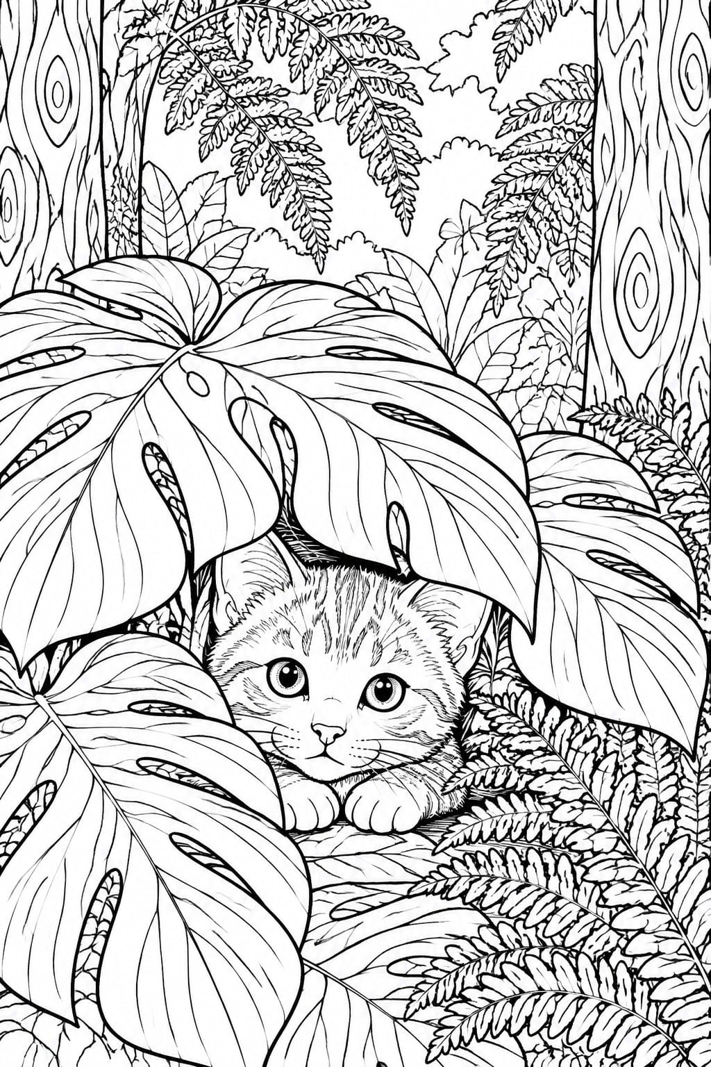 Line drawing of kitten peeking from large leaves amid ferns and trees