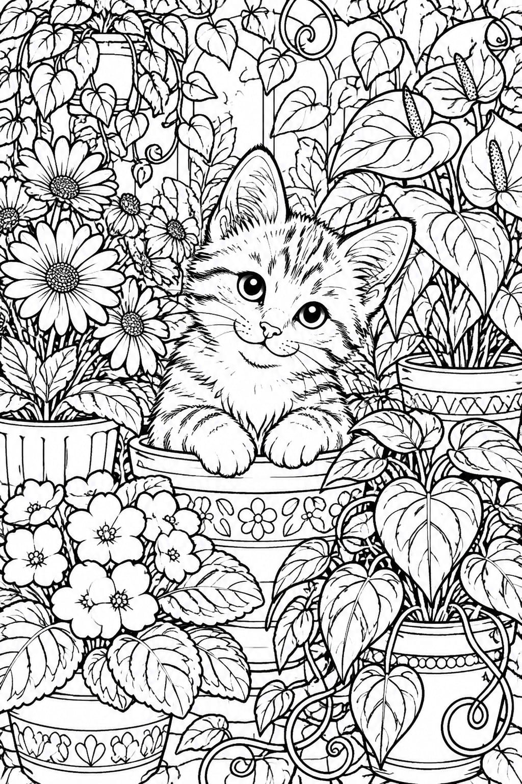 Fluffy kitten surrounded by potted plants and blooming flowers in black and white line art