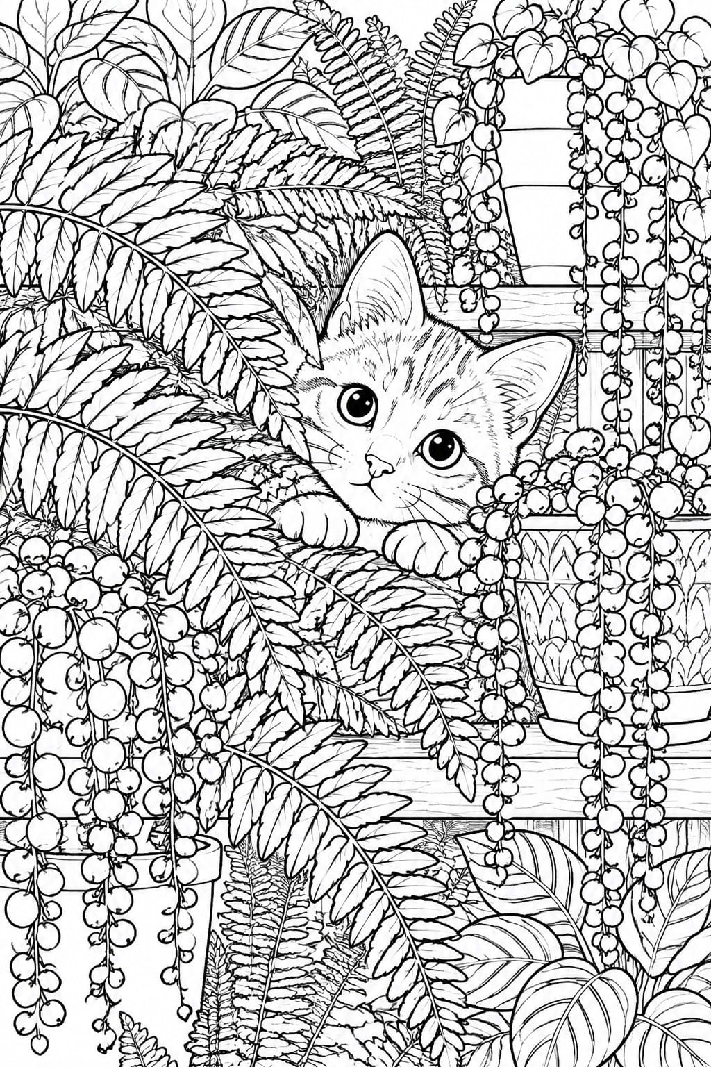 Kitten peeking through dense leaves and hanging vines in black-and-white line art