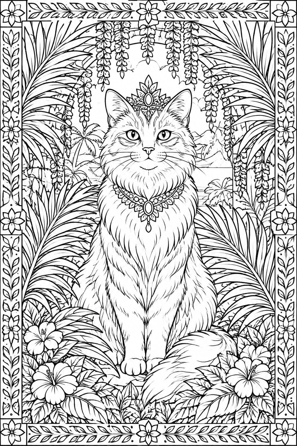 A black and white line drawing of a fluffy cat wearing a crown and necklace, sitting among tropical leaves and flowers inside a decorative border.