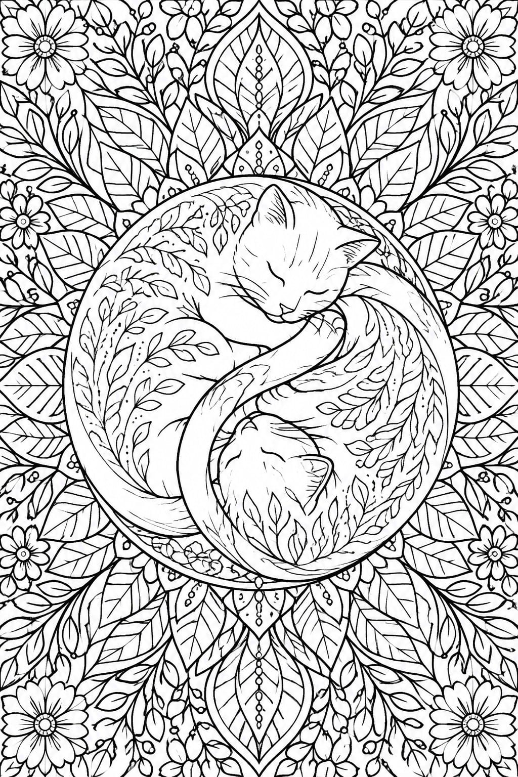 Two cats curled in yin-yang shape amid floral mandala leaves and blooms