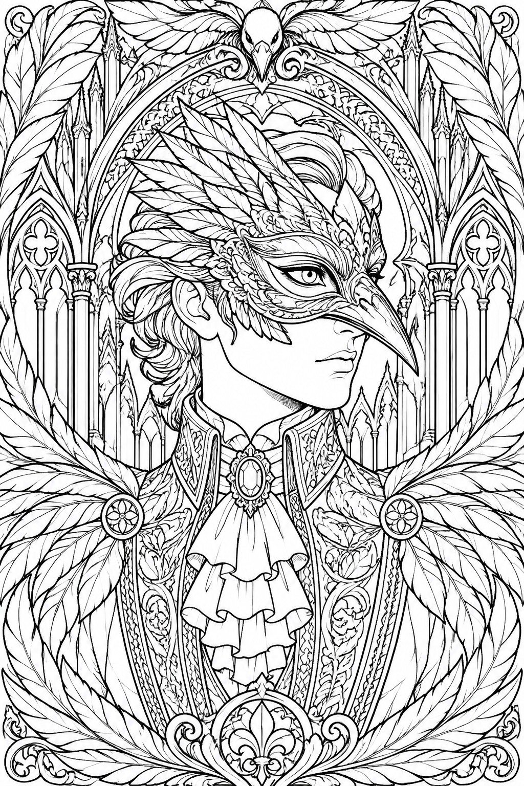 A detailed line drawing of a person in profile wearing a bird mask with feathers, ornate clothing, set against gothic arches and surrounded by large wings.
