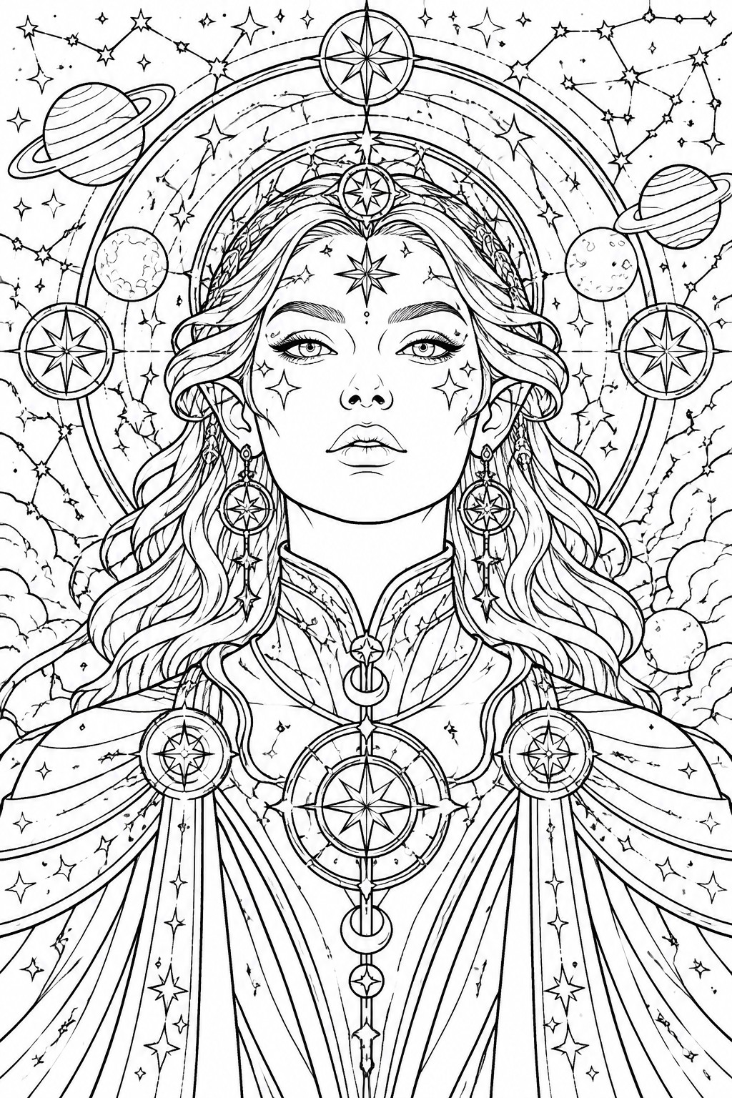 A line art portrait of a woman with flowing hair, star jewelry, and a headdress, set against planets and constellations.
