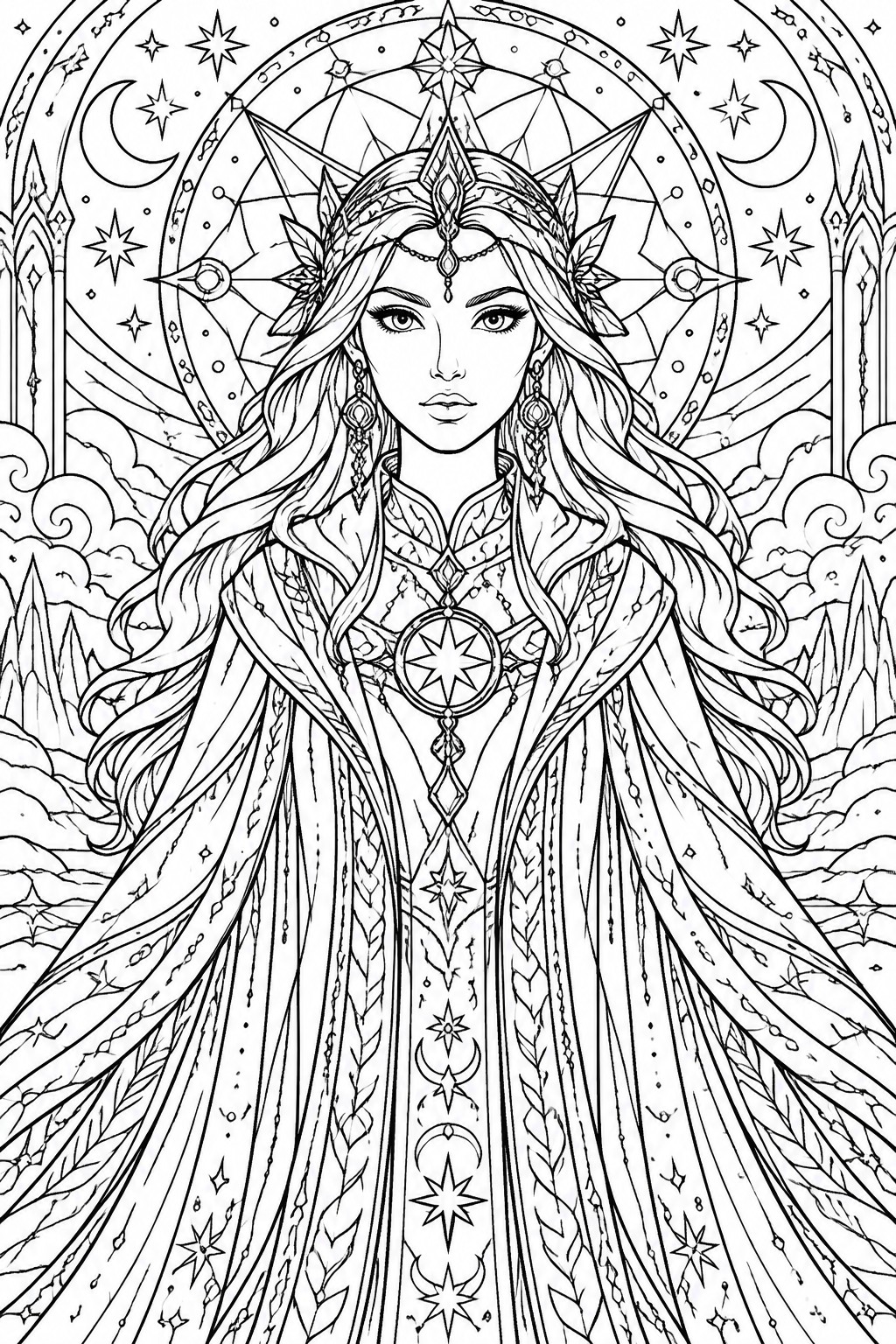 Elaborate line art of a crowned woman in starry robes amid celestial arches and moons.