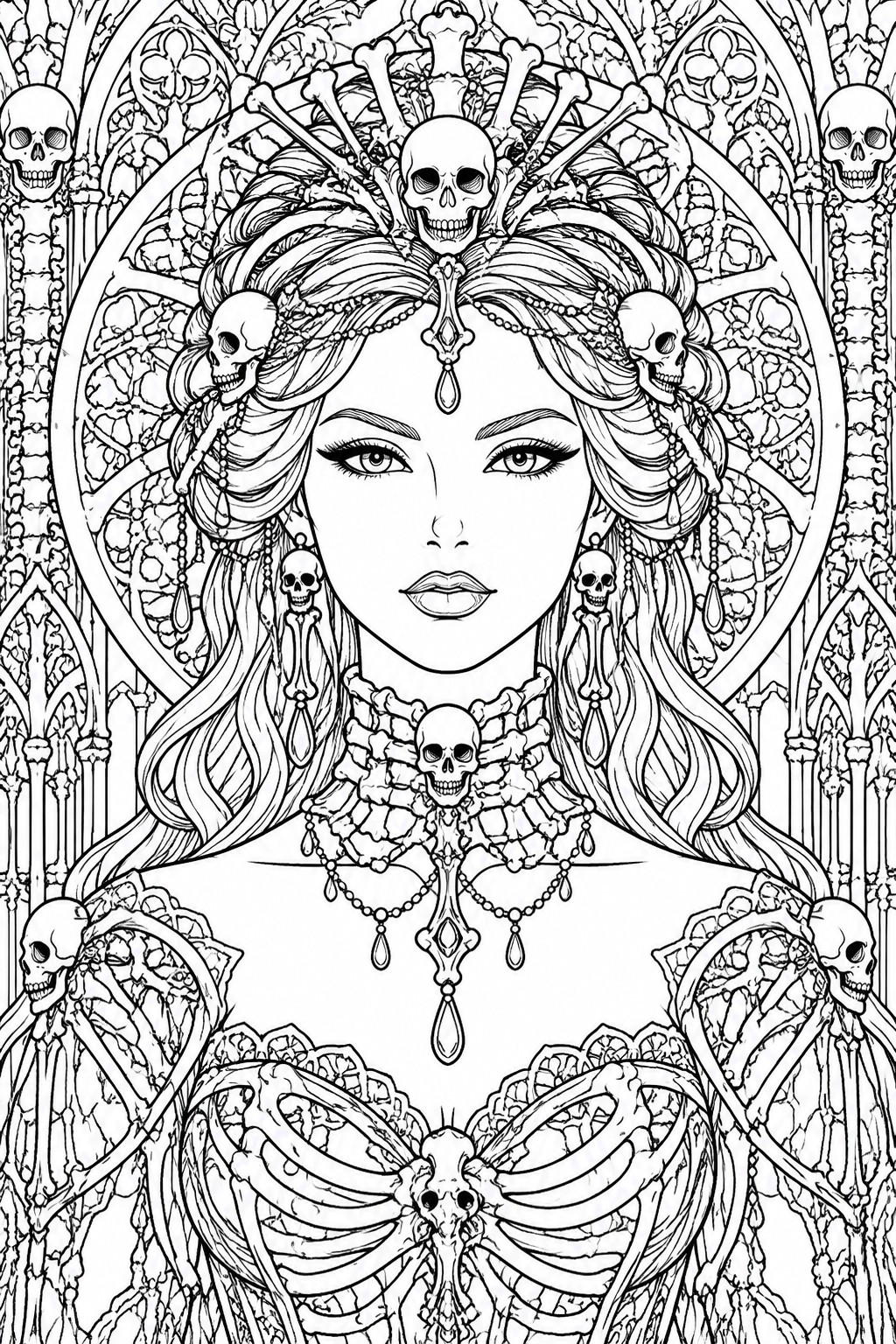 Gothic woman with skull crown, bone jewelry, and ornate skeletal adornments in detailed line art