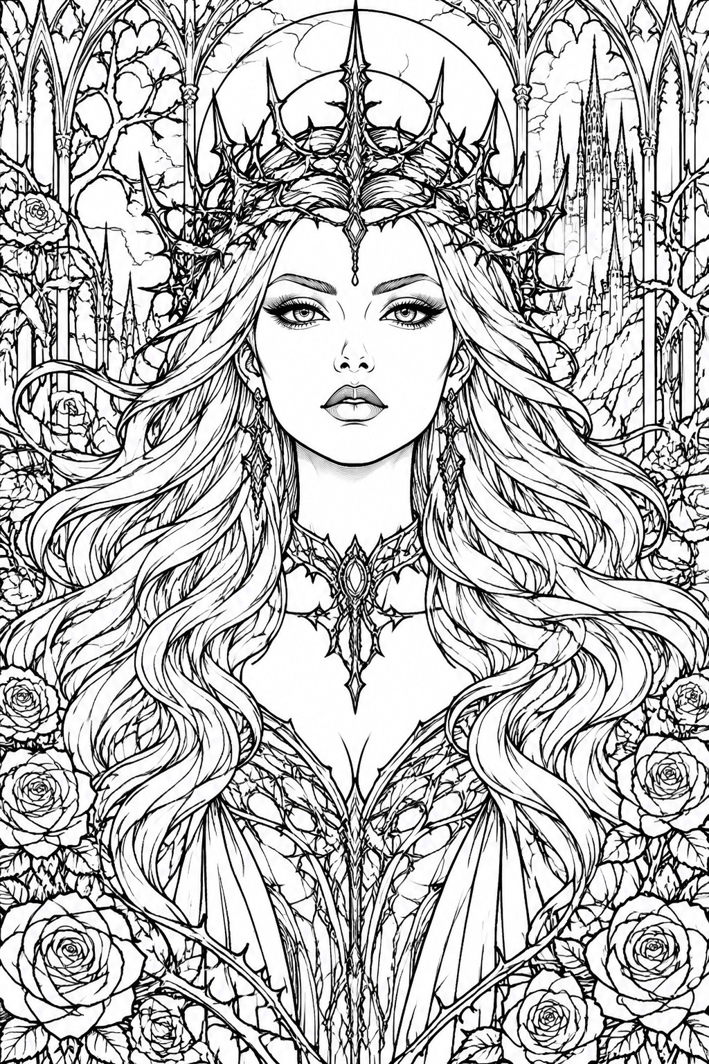 A black and white coloring page shows a woman with long wavy hair, a large thorny crown, and a detailed necklace, surrounded by roses and gothic arches with a castle in the background.