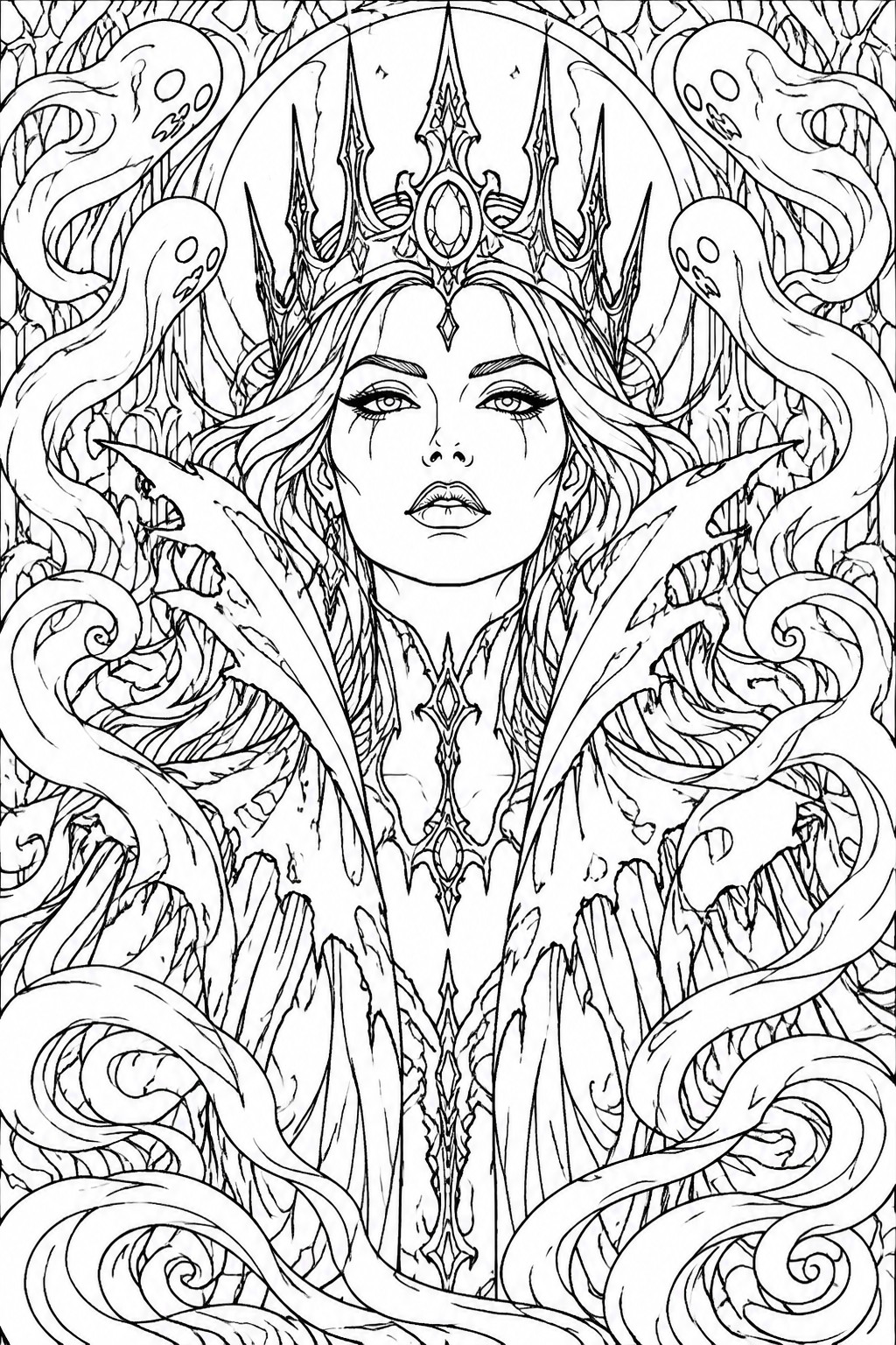 Detailed line art of crowned woman amid swirling ghostly spirits in fantasy style