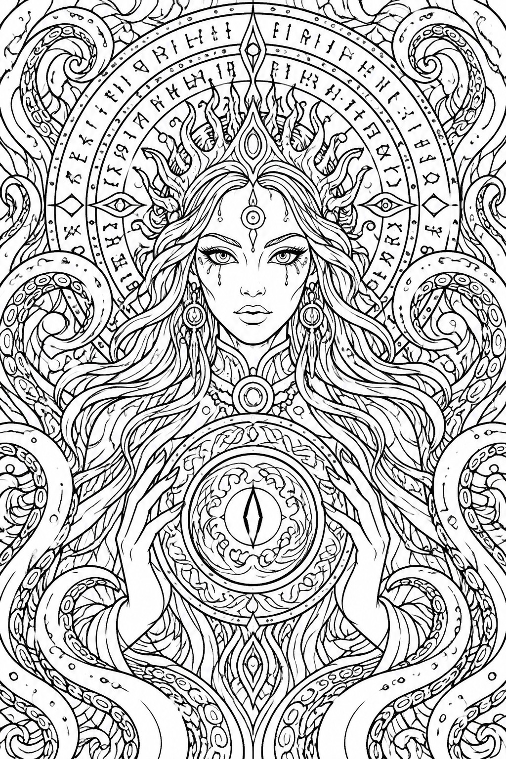 Intricate line art of a mystical woman with flowing hair, tentacles, and runes.