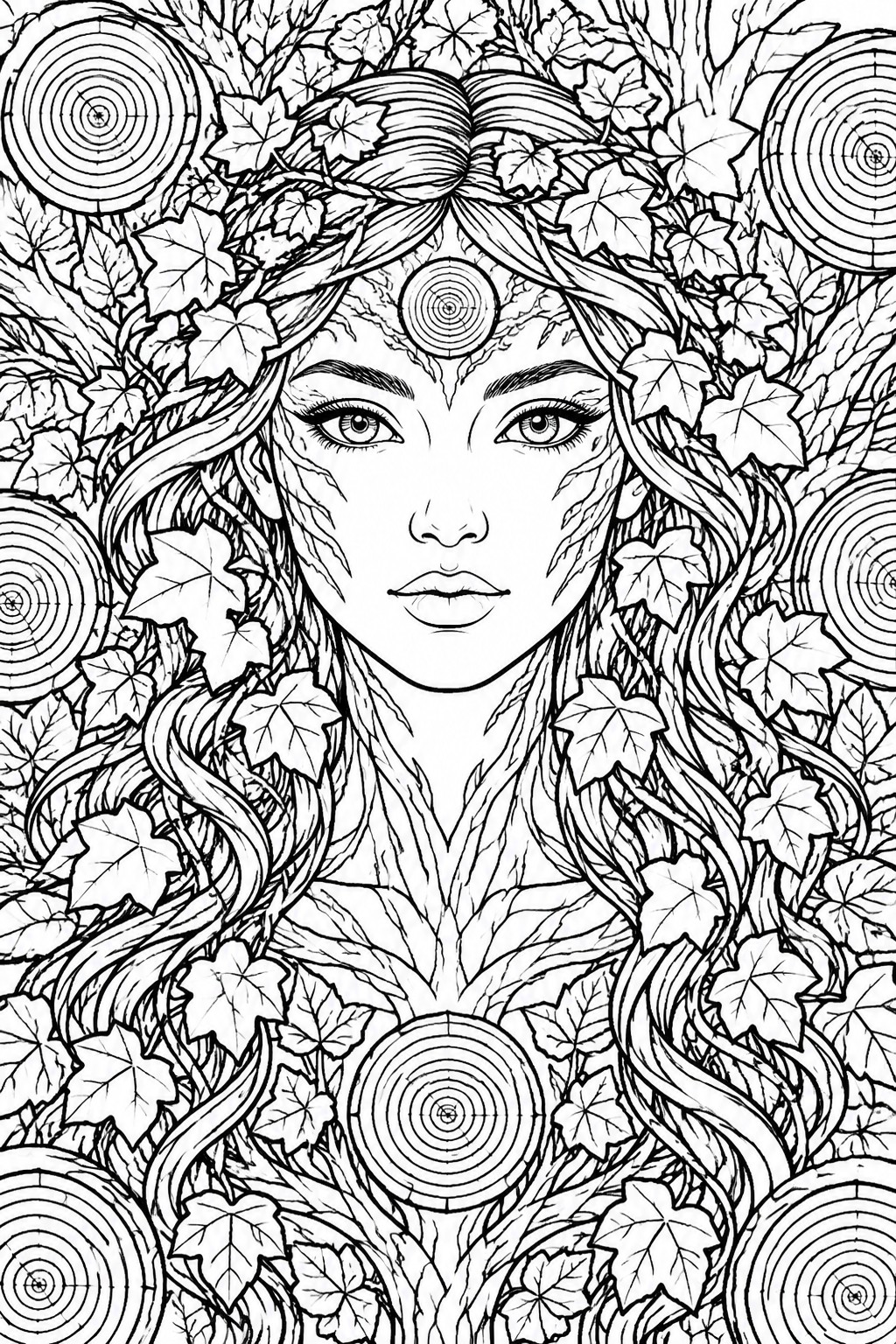 Intricate black-and-white line drawing of a woman's face amid leaves and spirals.