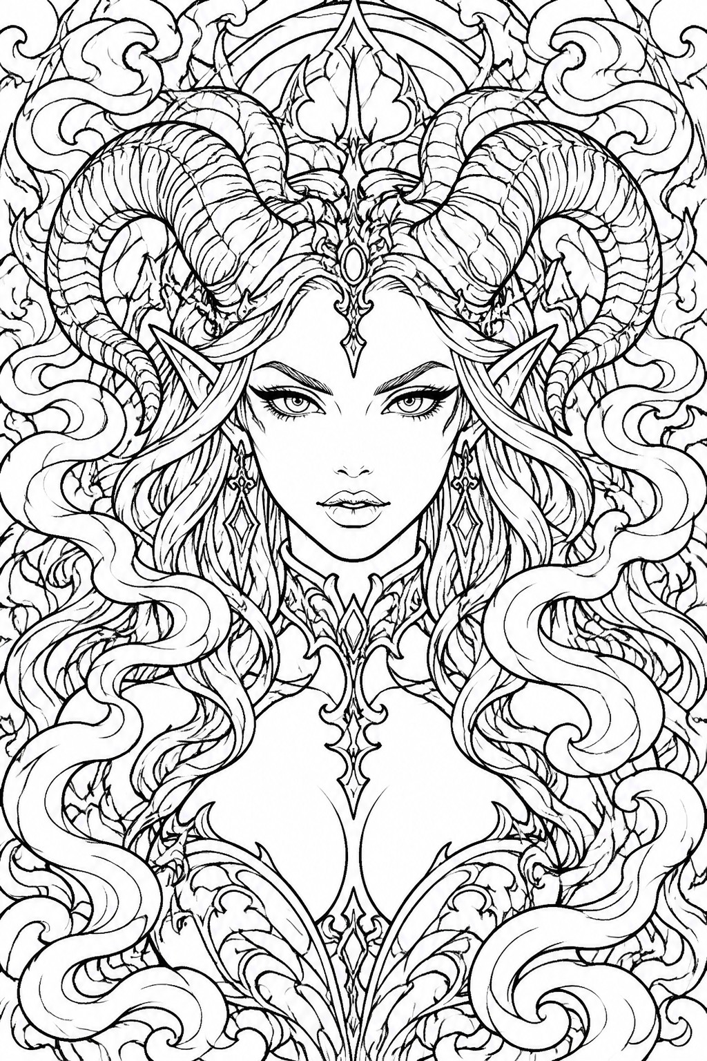 Black and white line art portrait of a fantasy woman with large ram horns, pointed ears, flowing hair, and ornate jewelry.