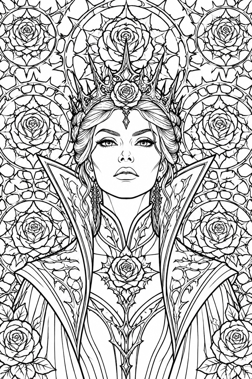 A detailed line drawing of a fantasy queen with a spiked rose crown, centered against circular rose patterns.