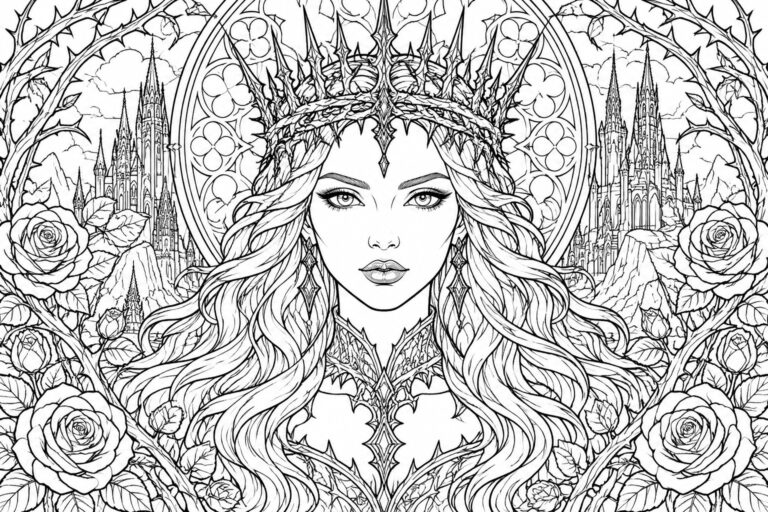 A black and white coloring page shows a woman with long wavy hair, a large thorny crown, and a detailed necklace, surrounded by roses and gothic arches with a castle in the background.