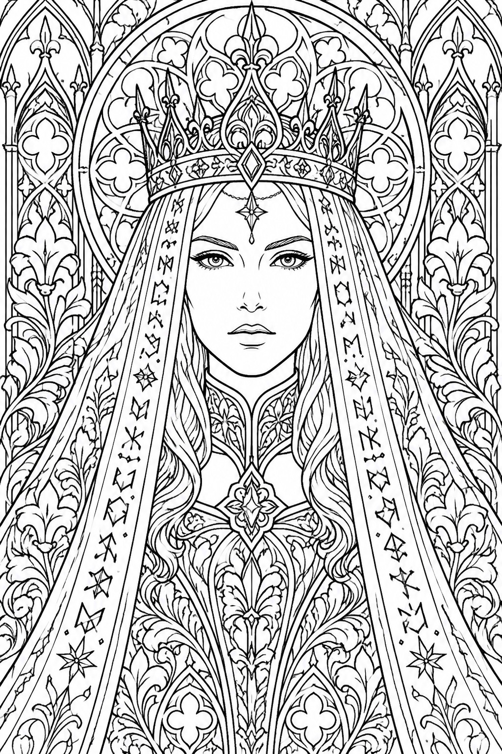 A black and white line drawing of a woman with a tall crown and long veil decorated with stars and symbols, framed by Gothic arches and floral patterns.