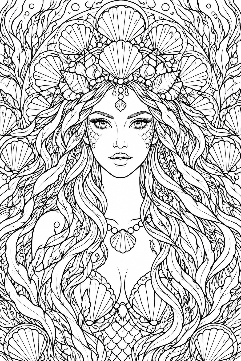 Intricate black-and-white line art of a mermaid with seashell crown, flowing hair, and scales.