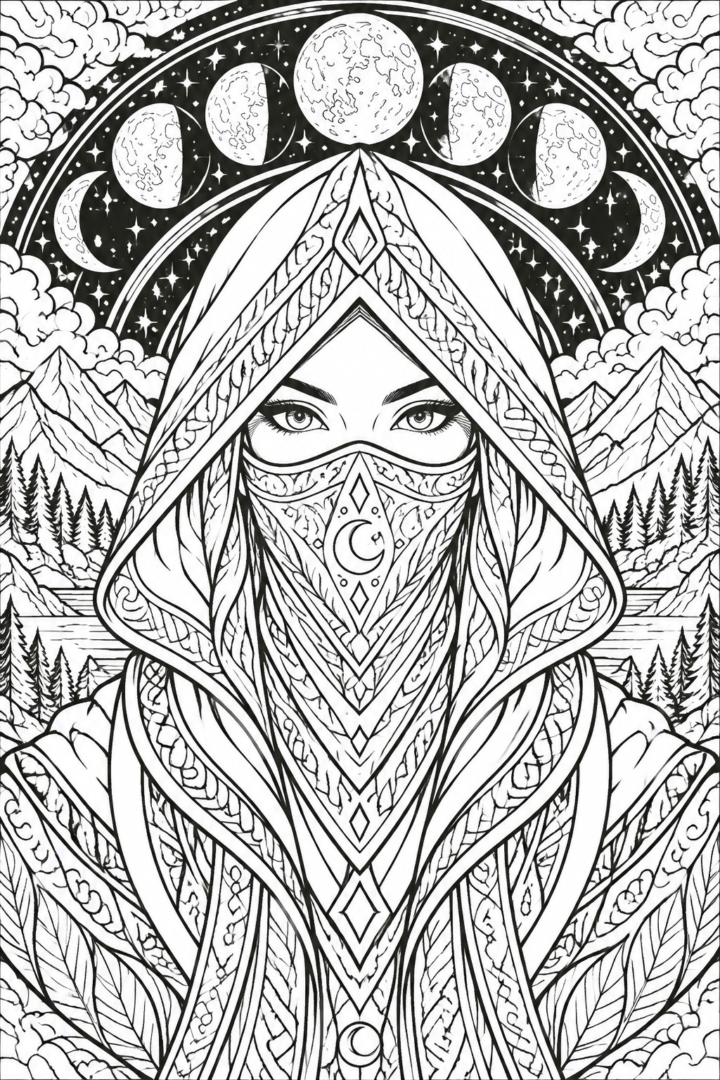 Intricate line art of a hooded veiled woman amid moon phases and mountains.