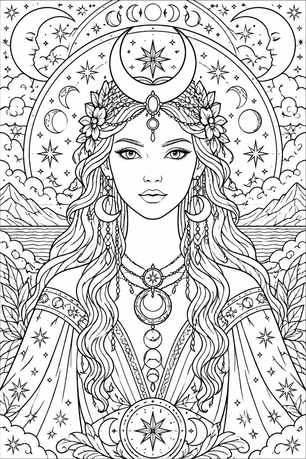 Intricate line art of celestial woman with floral moon crown, starry jewelry, and mountain backdrop.