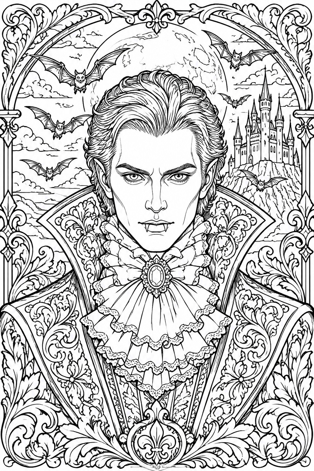 Vampire with fangs in ornate collar amid bats, moon, and castle in line art.