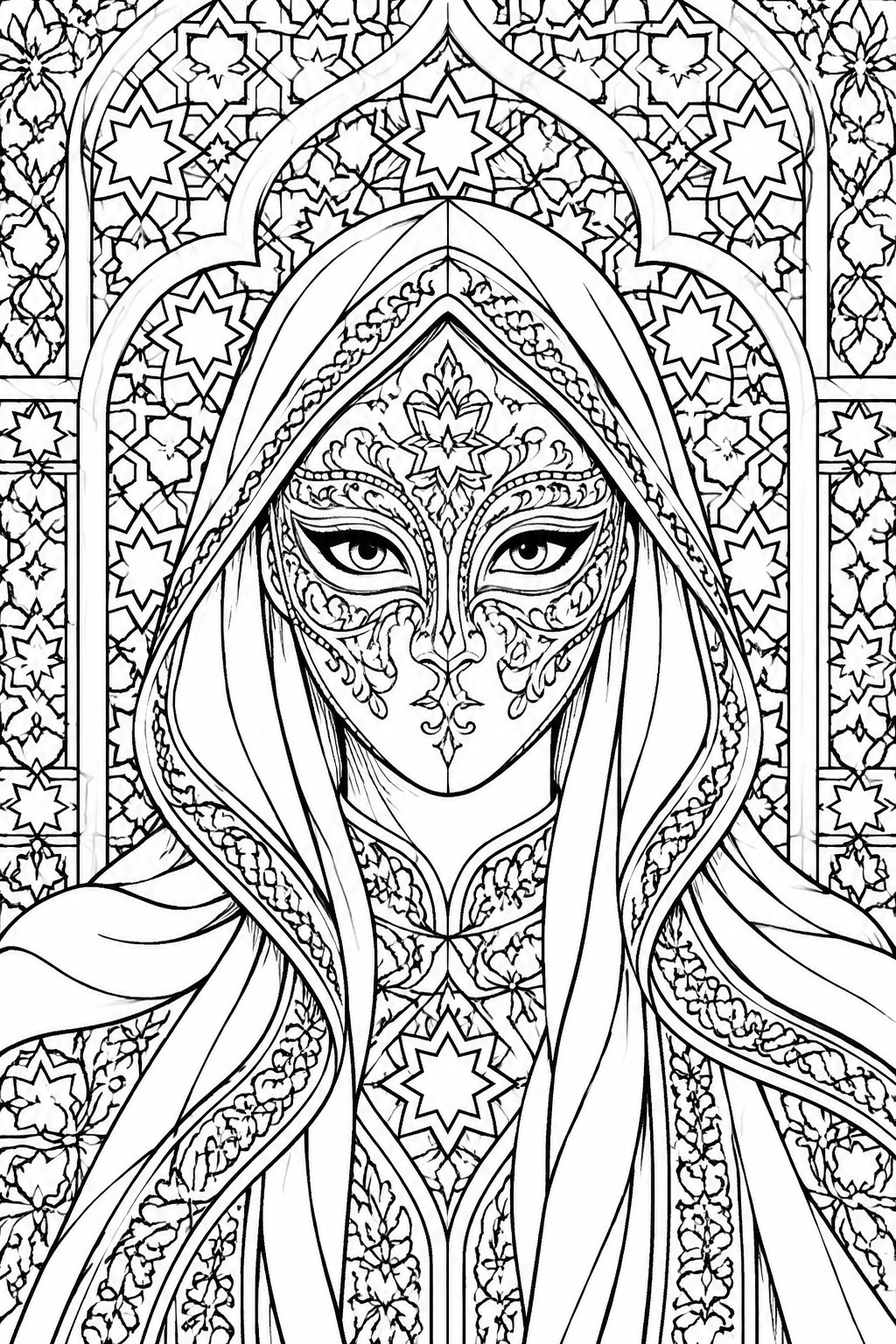 A black and white coloring page shows a woman with long hair and a veil, her face covered in elaborate decorative patterns, set against a background of stars and arches.