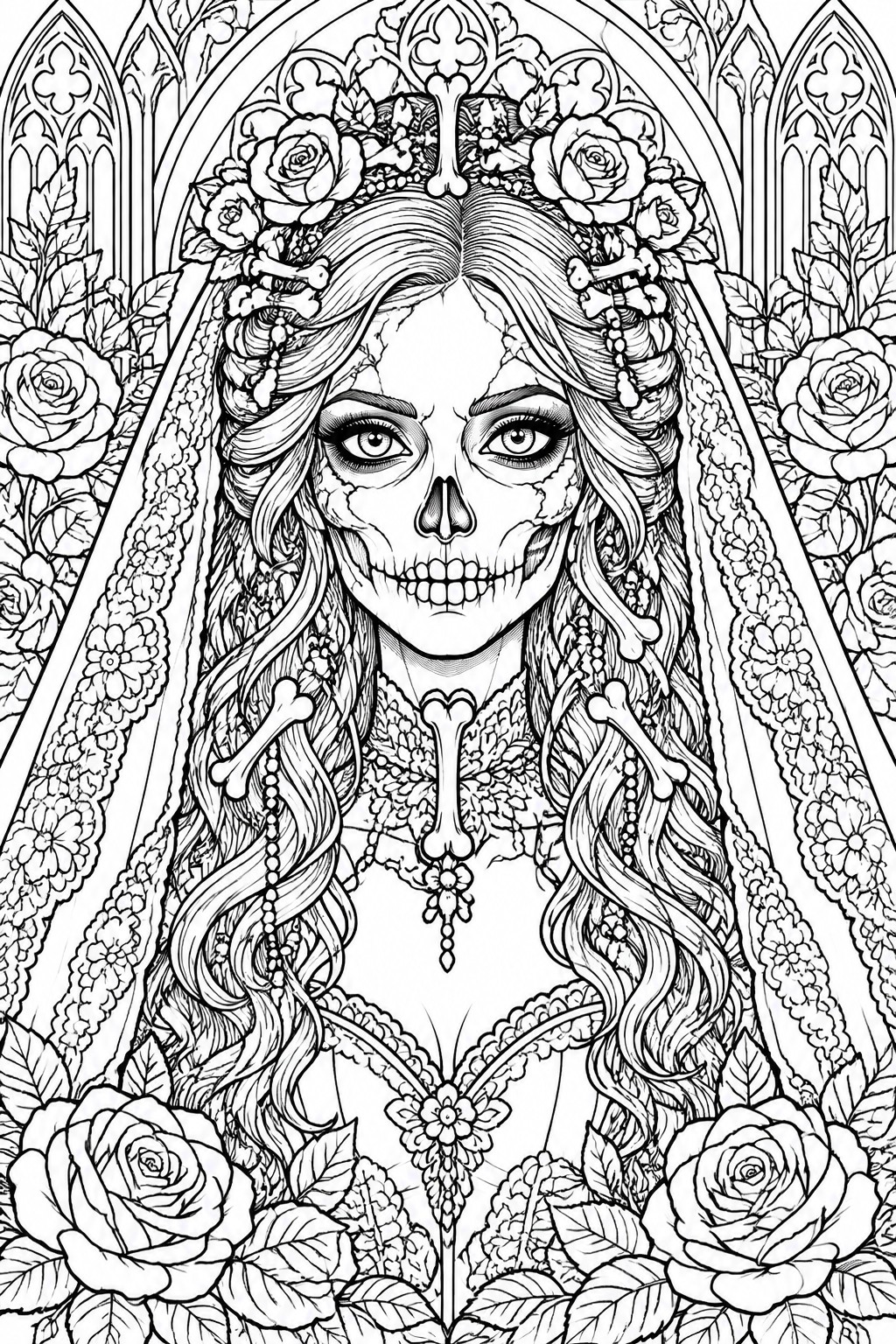 Gothic skeletal bride in rose crown and bone-adorned veil amid ornate floral arches