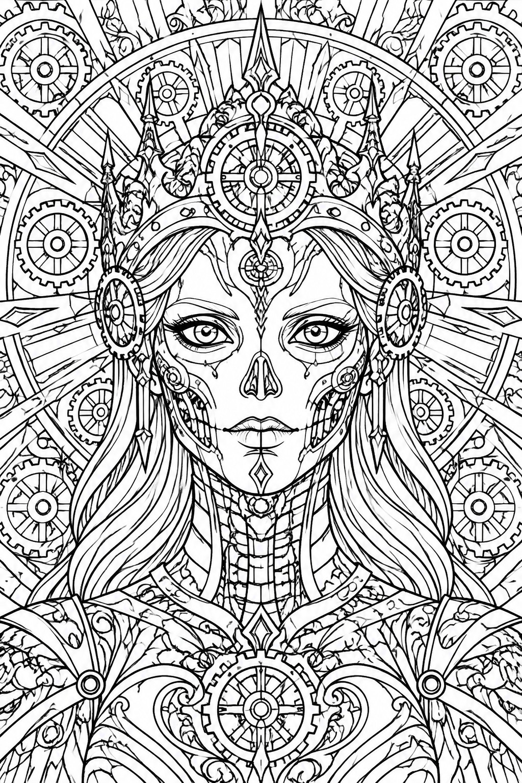 Steampunk cyborg woman with ornate gear headdress, flowing hair, and mechanical face details