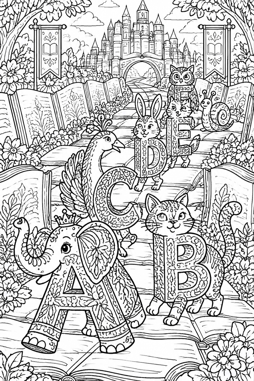 Fantasy coloring page with animals A-E, castle, books, and flowers in line art