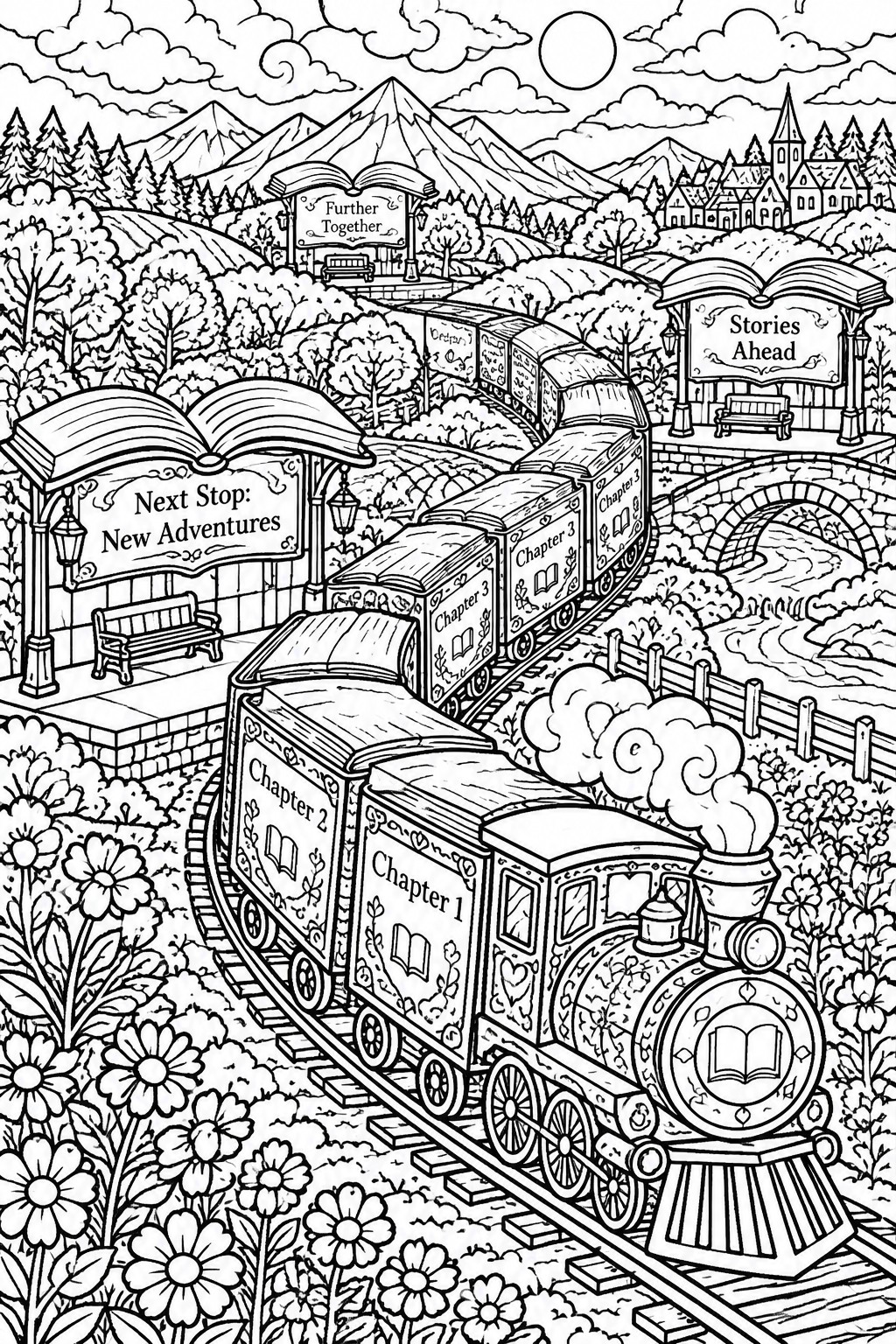 Coloring page of book-shaped train with chapter cars traveling past open-book stations in mountains