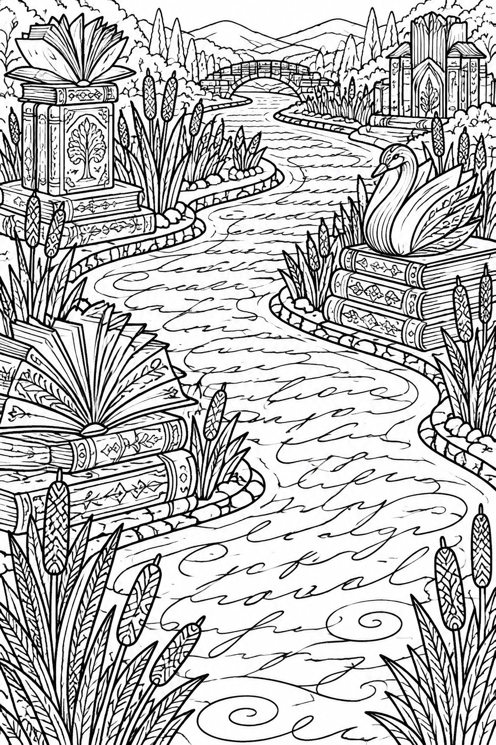 Fantasy river scene with book islands, swan, reeds, bridge, and trees in line art.