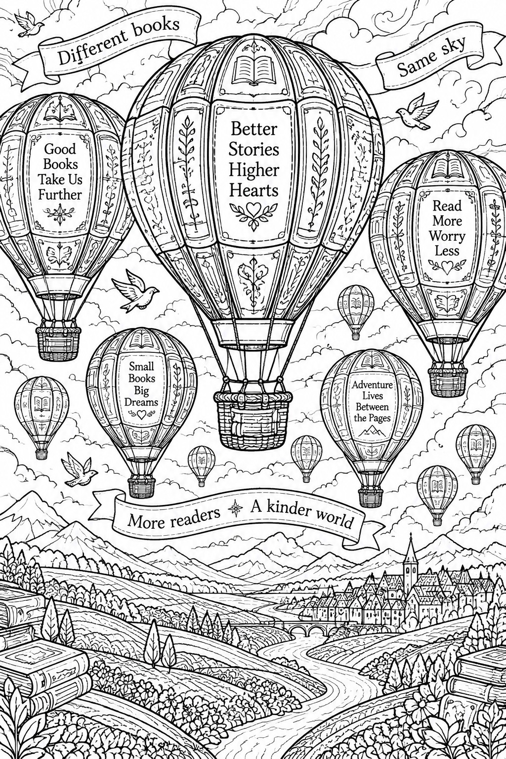 Coloring page of book-themed hot air balloons floating over mountains and a village