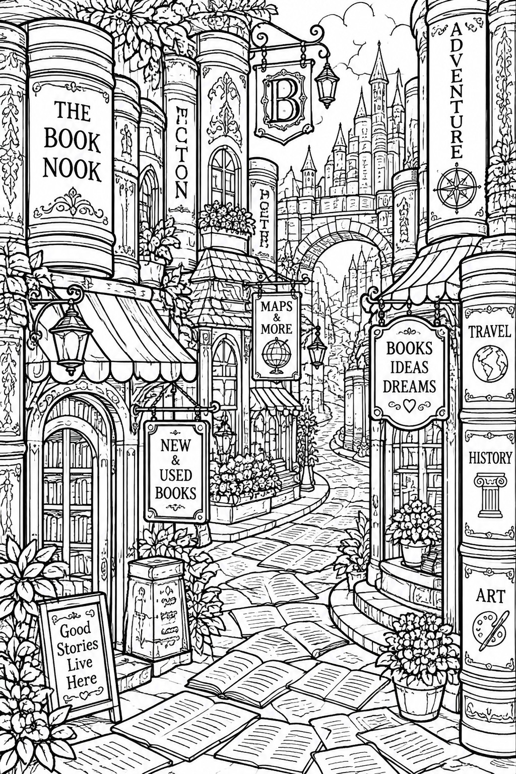 Whimsical black-and-white line art of book-shaped buildings, genre signs, and scattered books on a path