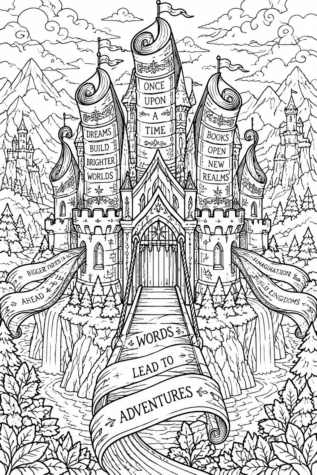 Coloring book illustration of a book-themed fantasy castle with scroll towers and banners
