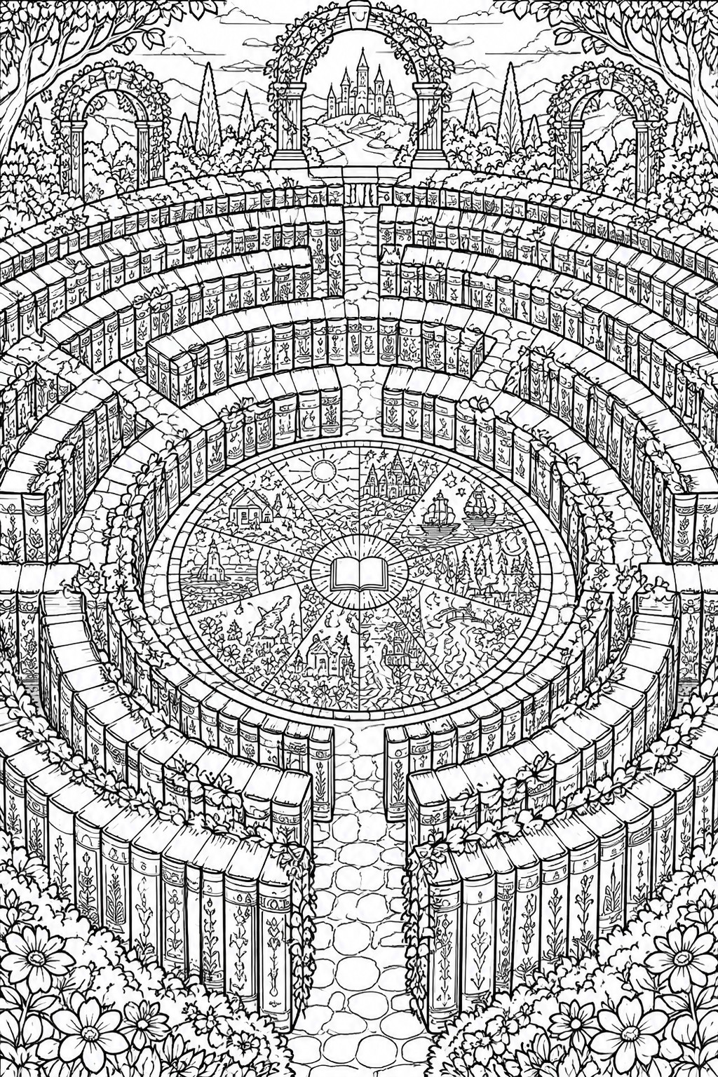 Circular black-and-white line art of bookshelves surrounding central illustrated medallion with castle background.