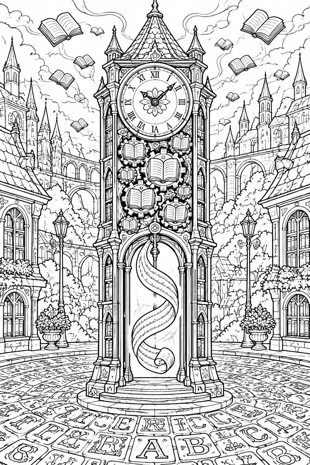 Coloring page showing a tall clock tower with books and gears in its center, floating books above, and a letter-covered square surrounded by fantasy buildings.