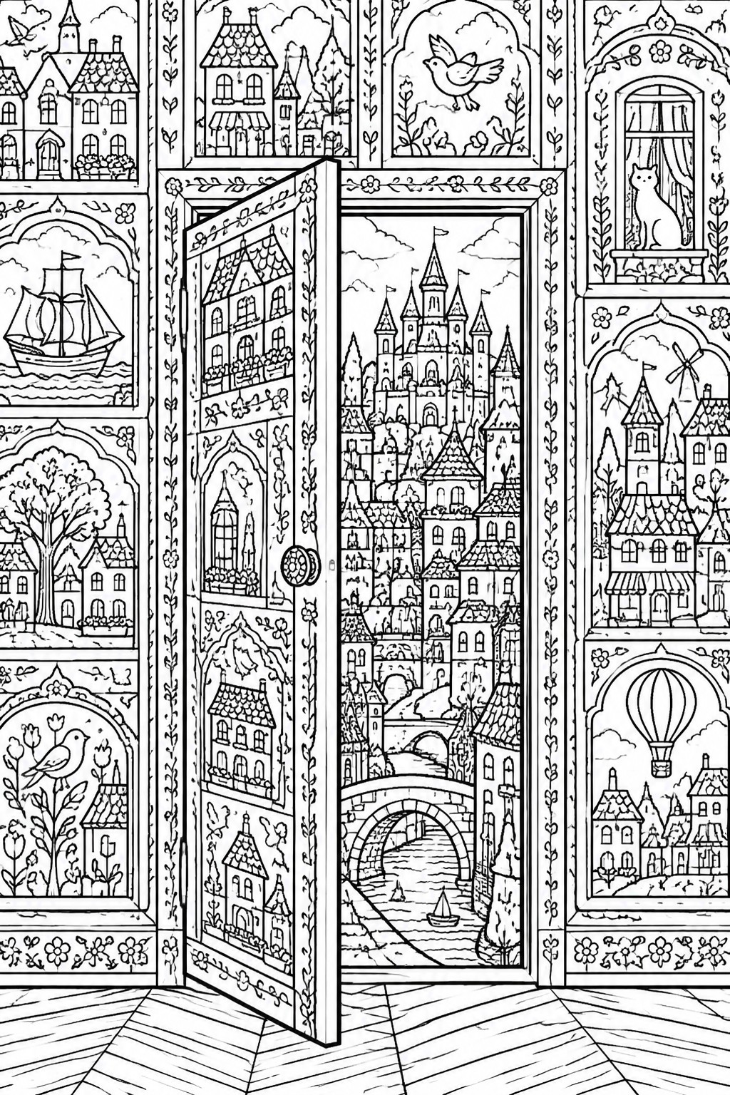 A coloring page of an open door showing a fantasy town with a castle, bridge, and river, framed by smaller panels of ships, birds, houses, and other scenes.