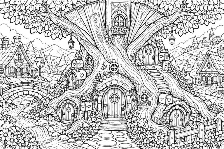 Whimsical black-and-white line art of an enchanted treehouse village with doors and lanterns.