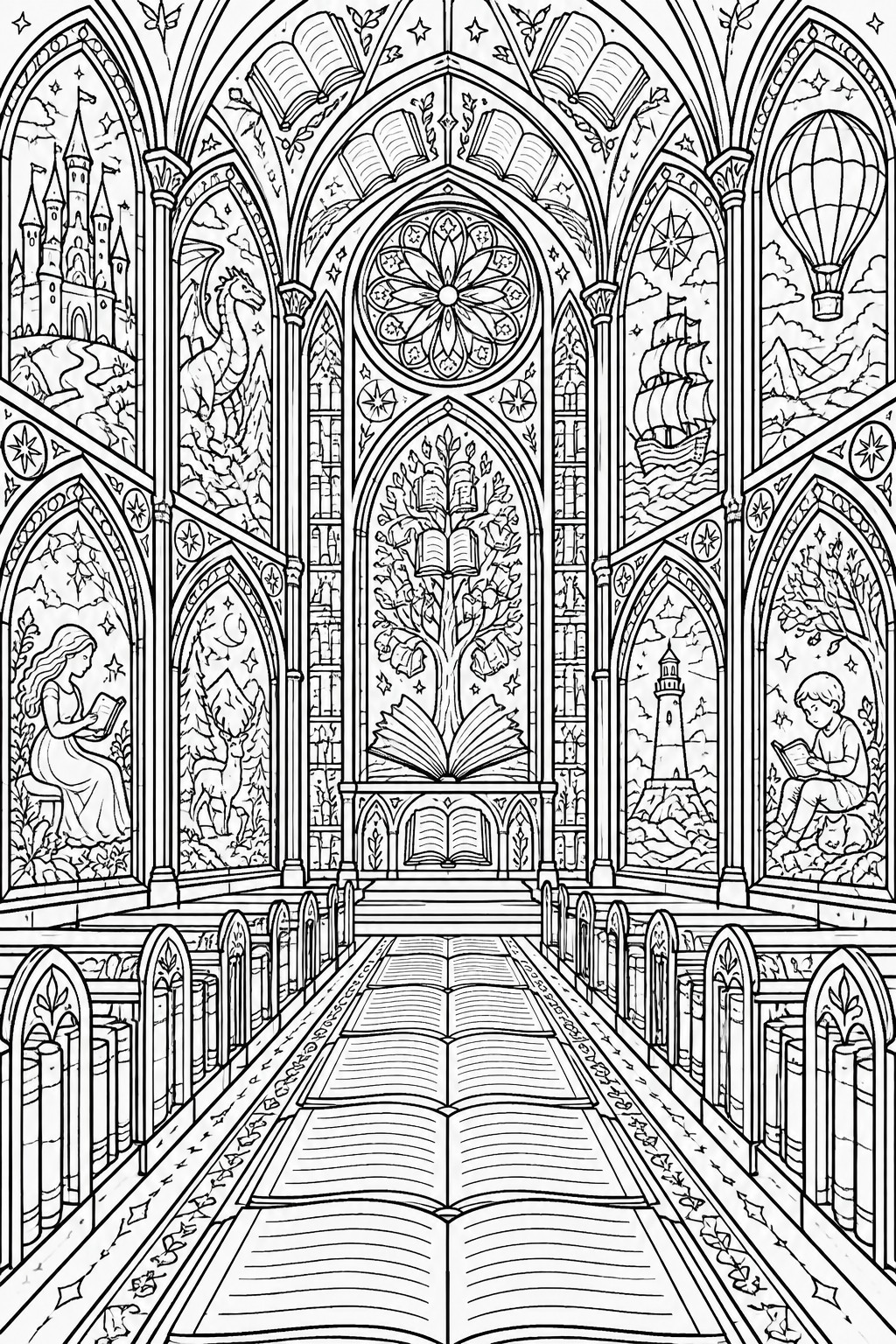 Detailed line art coloring page of a fantasy library interior with arched windows containing separate scenes and an open book path on the floor.