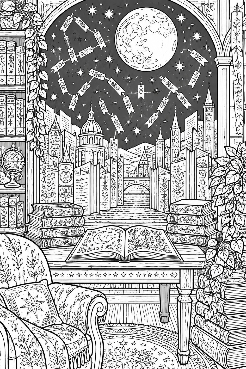Black and white illustration of cozy library with open book, moon, stars, floating banners, and fantasy city.