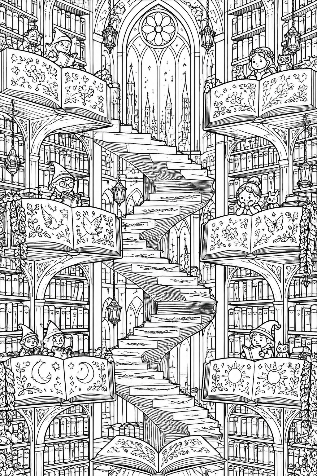 Black-and-white fantasy library with spiral stairs, book balconies, and children reading.