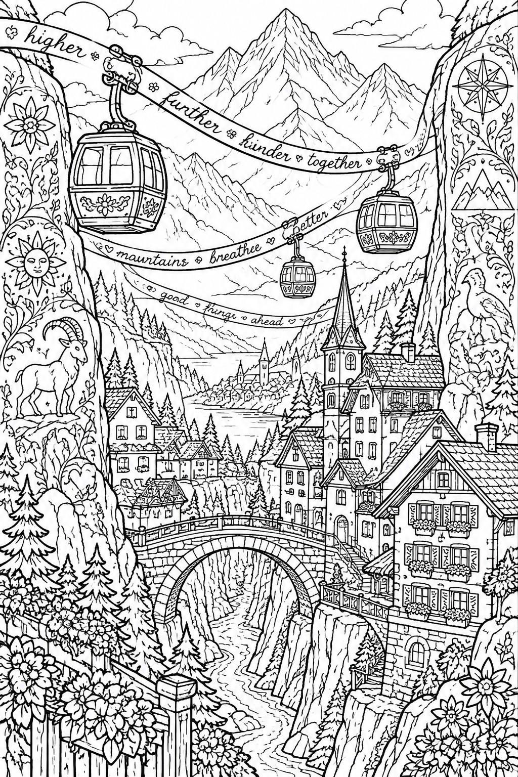 A black and white line drawing of a mountain village with cable cars, a stone bridge over a river, houses, and word banners across the sky.