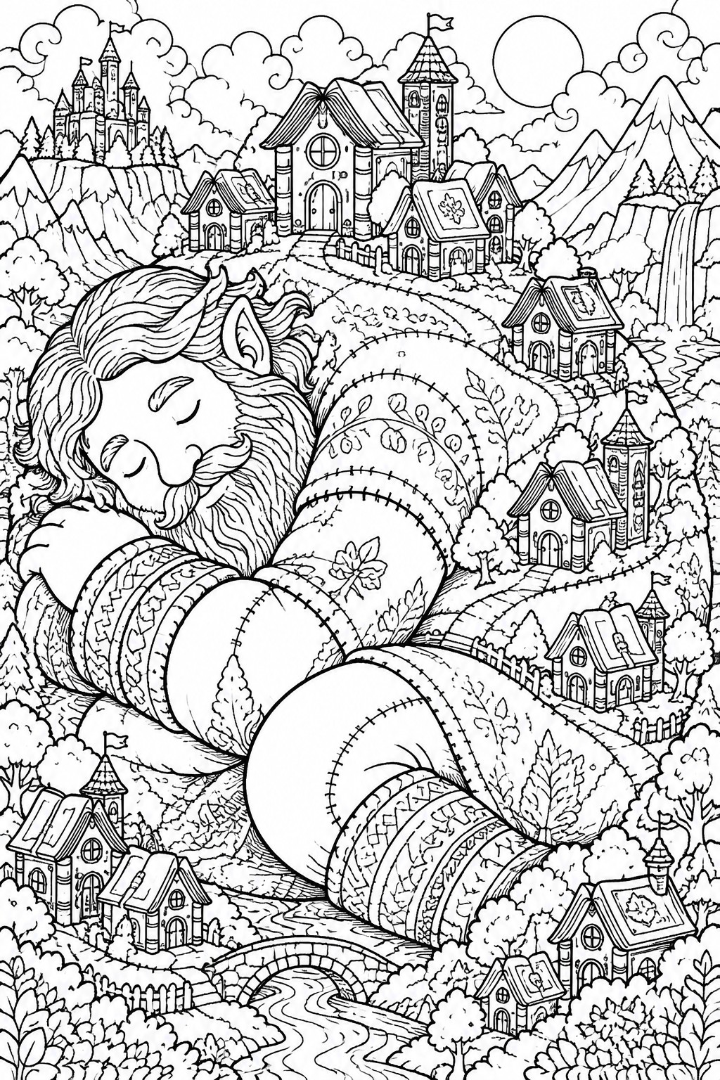 Coloring page of a bearded elf giant sleeping on a quilted fantasy village landscape.