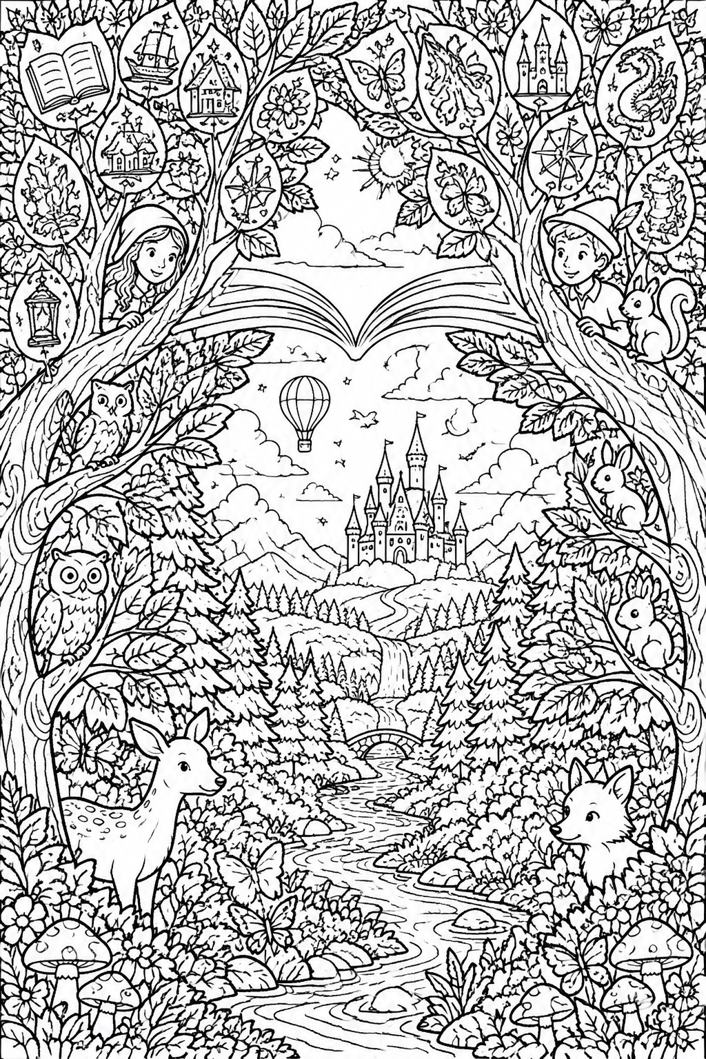 Coloring page of open book framing fantasy castle, forest, children, owls, deer and fox.