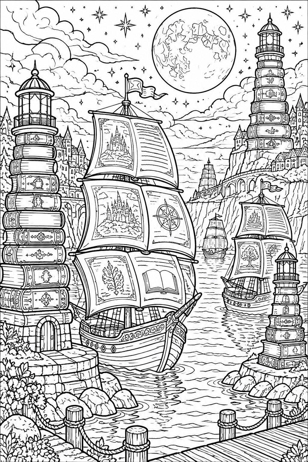 Line drawing of ships sailing past book lighthouses under moon with cliff castles