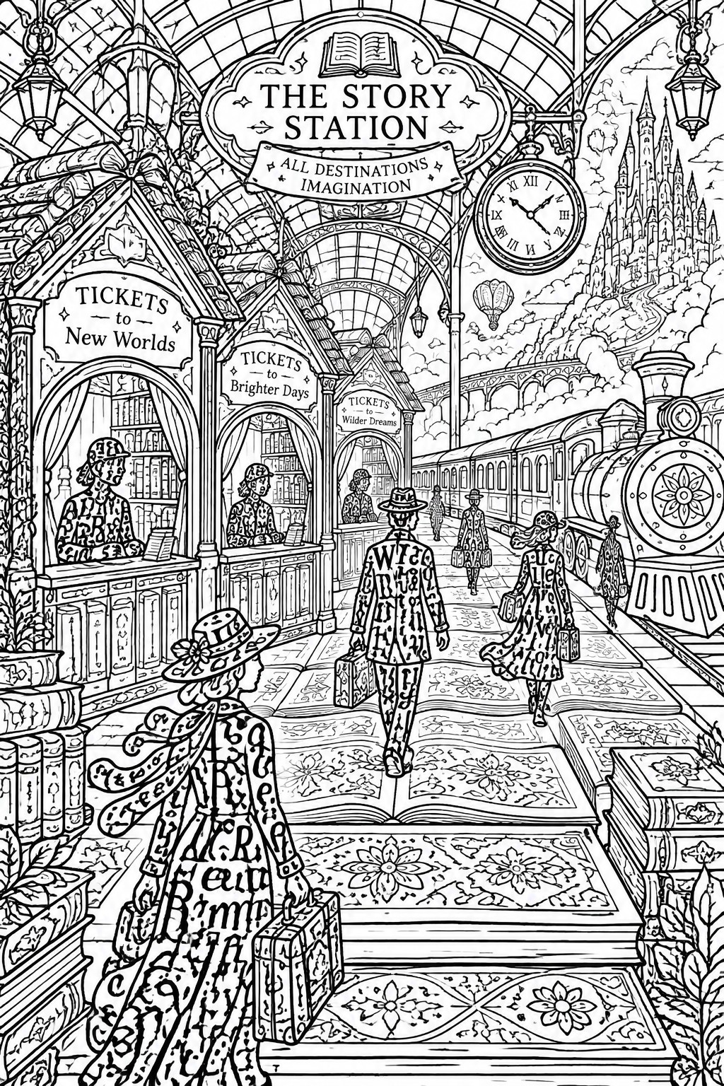 Black-and-white illustration of Story Station with text-patterned travelers approaching a steam train.