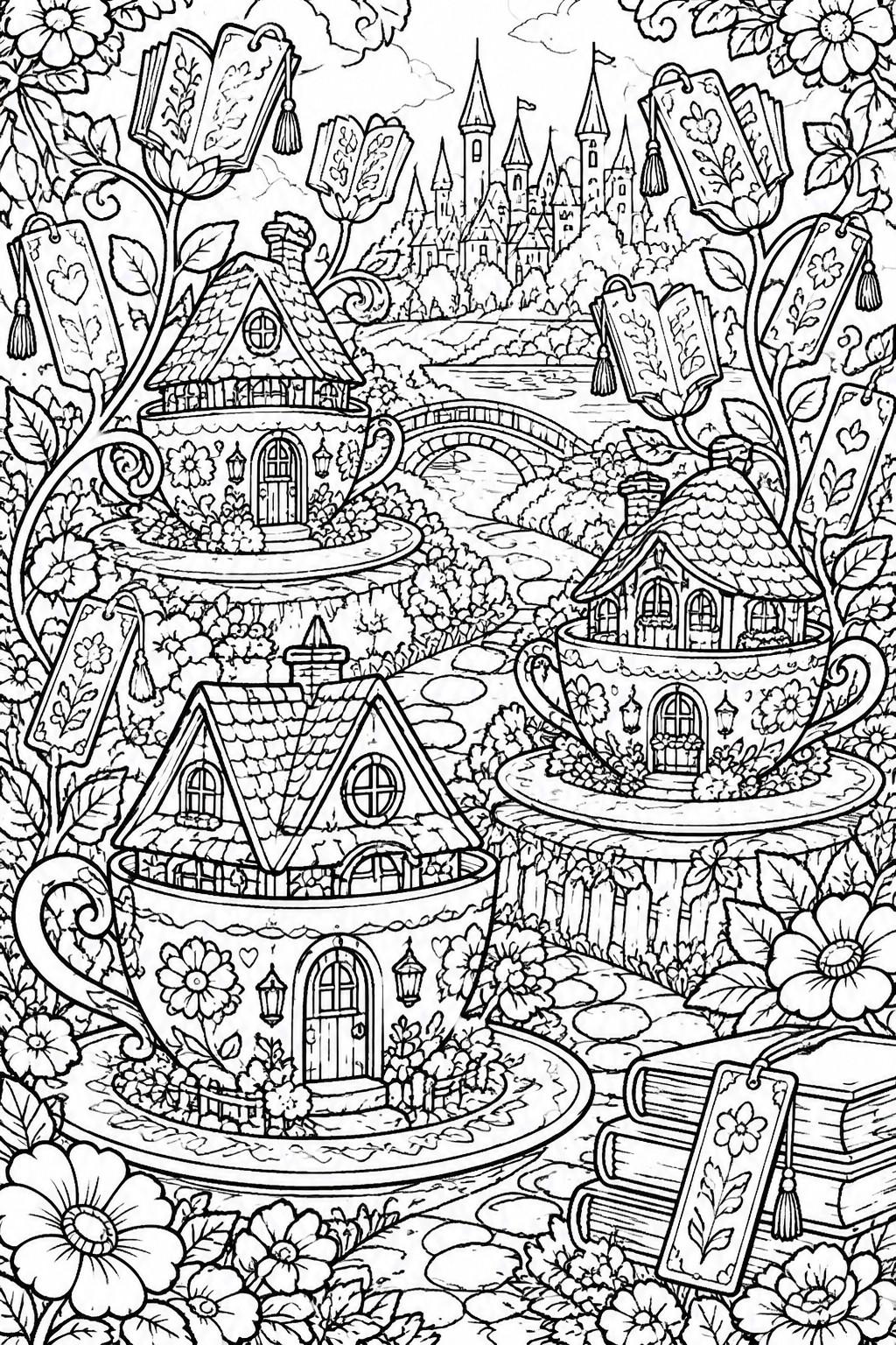 Whimsical line art of teacup houses, floating books, flowers, bridge, and castle.