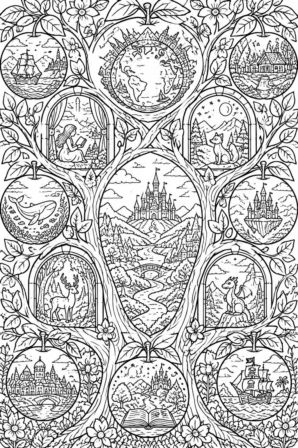 Black and white tree illustration with circular fantasy scenes of castles and animals.